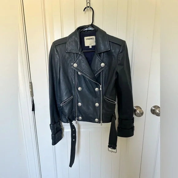 L'AGENCE Billie Belted Leather Jacket  /Coat Midnight Navy XS - Picture 11 of 14